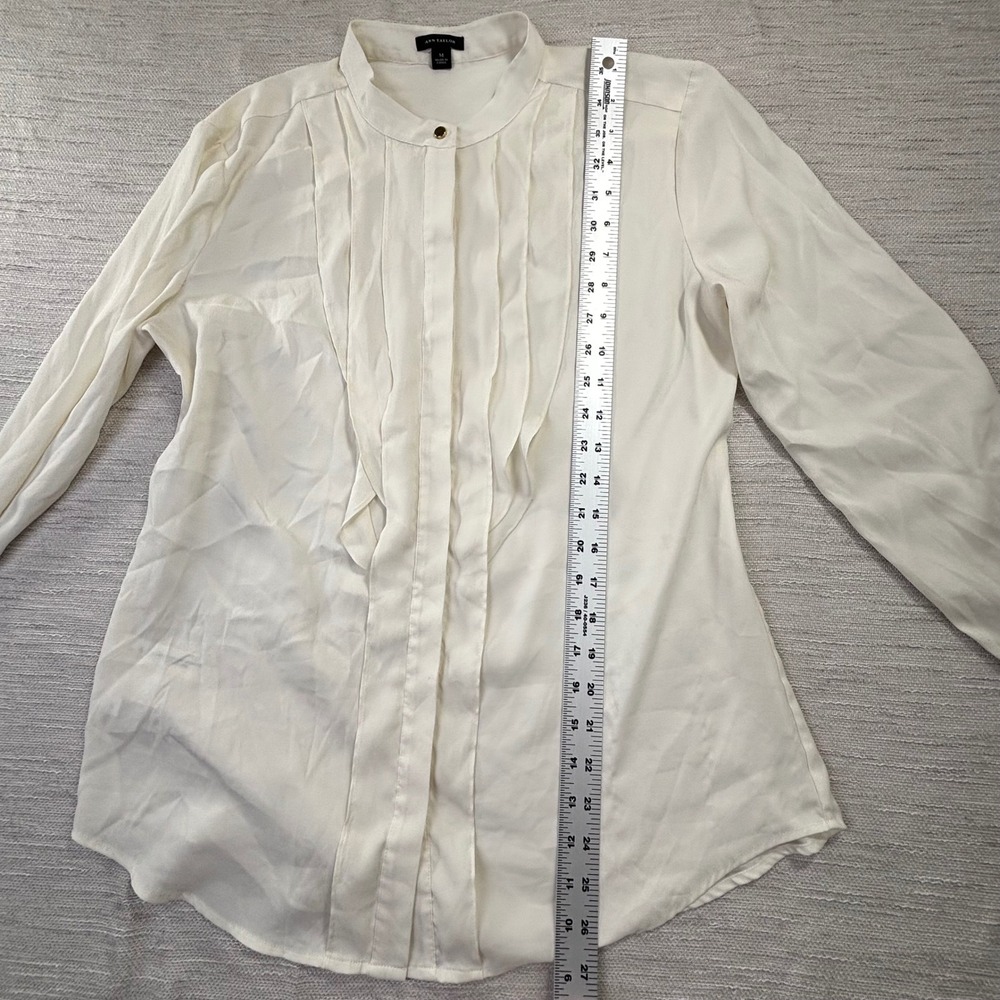 Ann Taylor Cream White Pleated Ruffle Band Collar Blouse Long Sleeve Medium - Picture 4 of 8